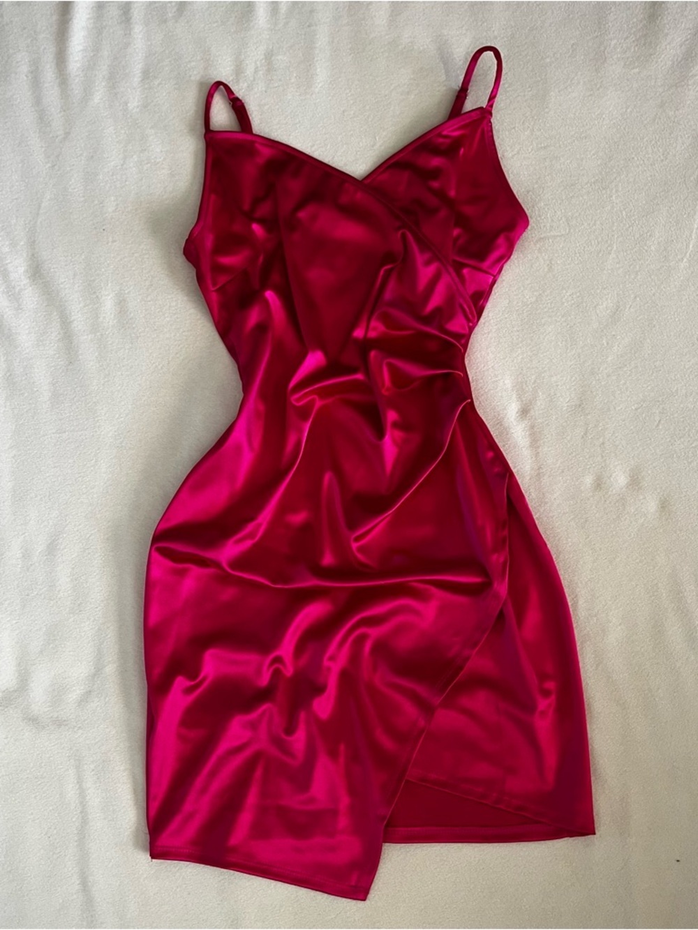 iris Satin Spaghetti Strap Mini Dress in Bright Fuchsia